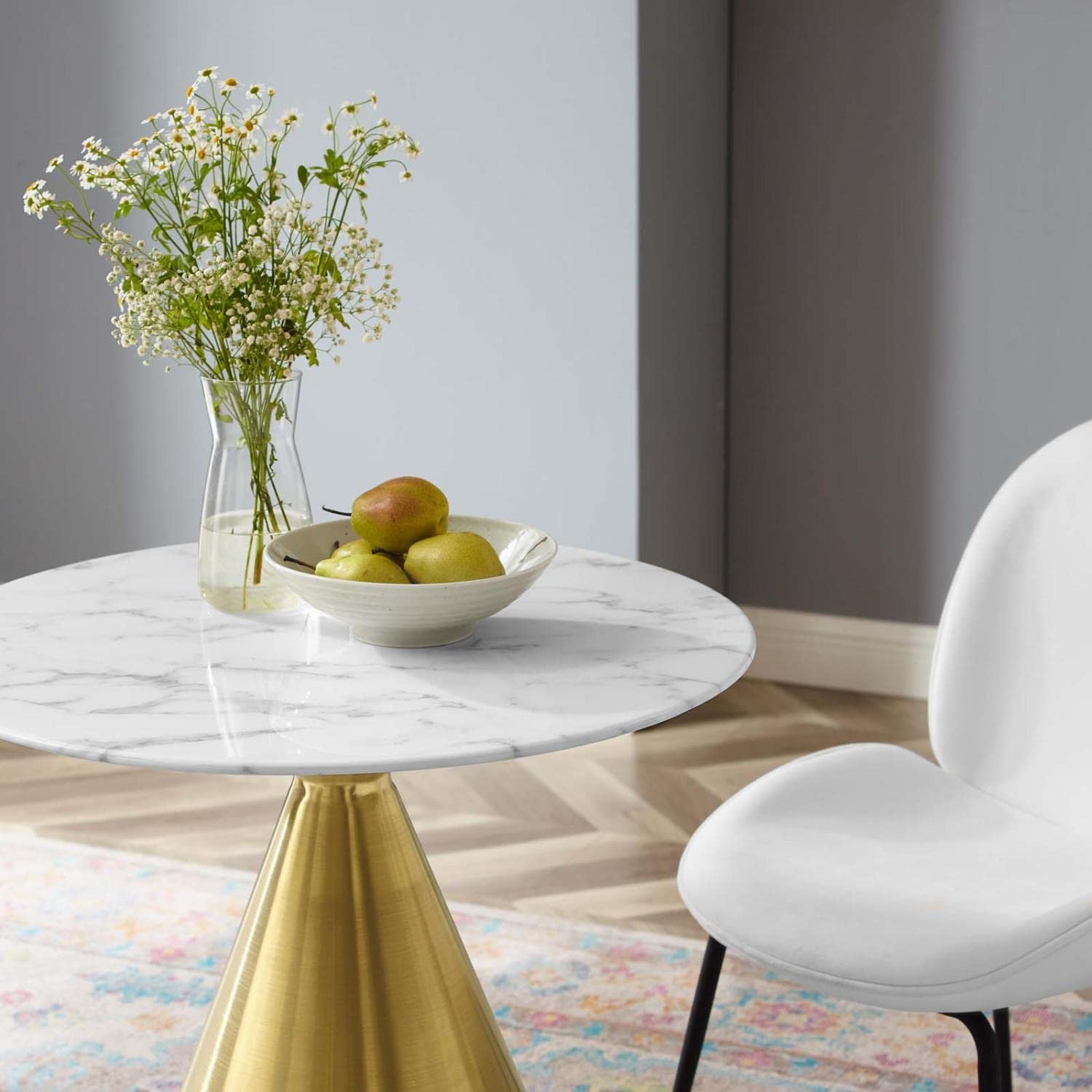 patio dining tables | CasaFoyer Tupelo 28 Dining Table | Modern Style | Mid-Century Charm | Polished Gold Metal Base | Easy-to-Clean Artificial Marble Top | Non-Marking Ring | casafoyer.myshopify.com
