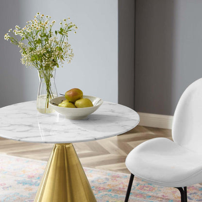 patio dining tables | CasaFoyer Tupelo 28 Dining Table | Modern Style | Mid-Century Charm | Polished Gold Metal Base | Easy-to-Clean Artificial Marble Top | Non-Marking Ring | casafoyer.myshopify.com