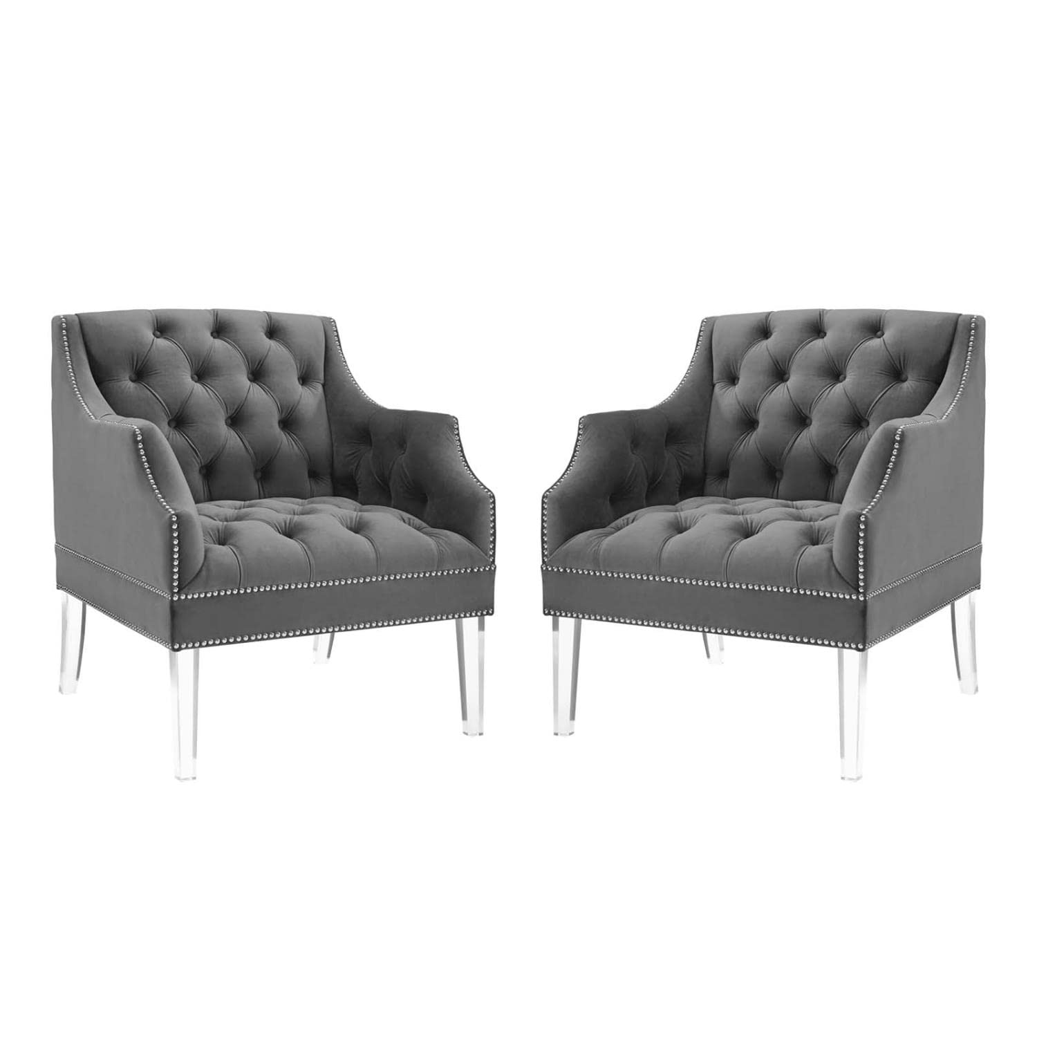 home office desk chairs | CasaFoyer Proverbial Accent Armchair Set of 2 | Luxurious Performance Velvet Upholstery | Nailhead Trim | Acrylic Legs | Gray | casafoyer.myshopify.com
