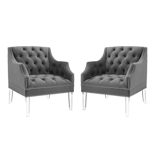 home office desk chairs | CasaFoyer Proverbial Accent Armchair Set of 2 | Luxurious Performance Velvet Upholstery | Nailhead Trim | Acrylic Legs | Gray | casafoyer.myshopify.com