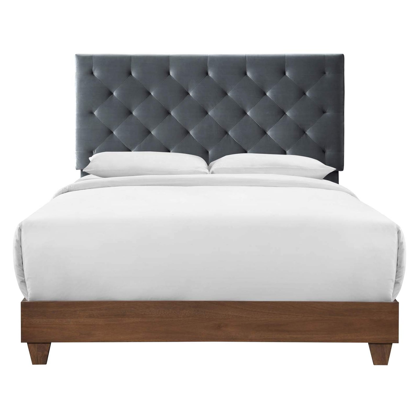 Bed | CasaFoyer Rhiannon Diamond Tufted Performance Velvet Upholstered Queen Bed | Walnut Charcoal | Elegant & Durable | Dual Support Planks | 800 lbs Weight Capacity | casafoyer.myshopify.com