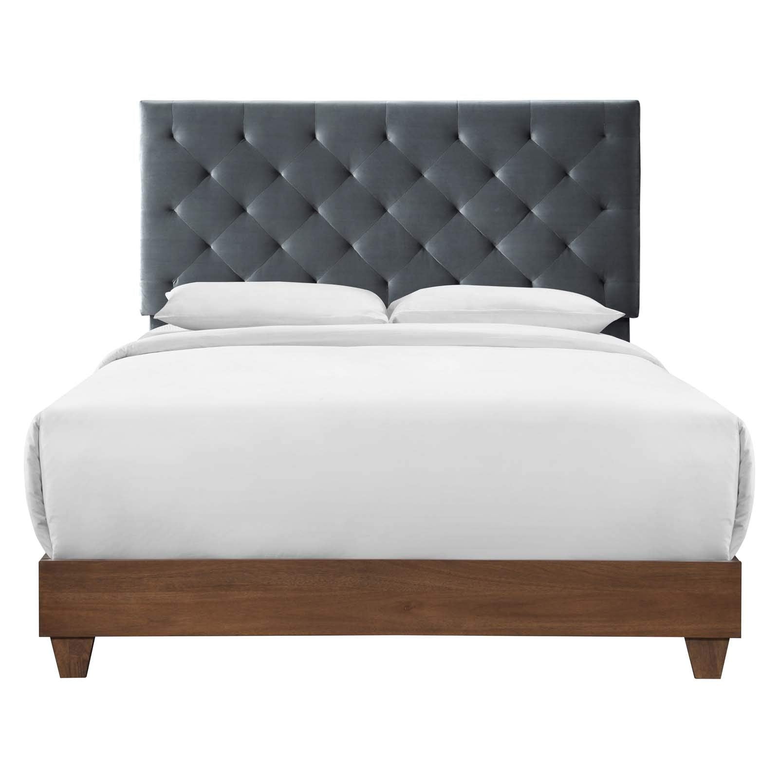 Bed | CasaFoyer Rhiannon Diamond Tufted Performance Velvet Upholstered Queen Bed | Walnut Charcoal | Elegant & Durable | Dual Support Planks | 800 lbs Weight Capacity | casafoyer.myshopify.com