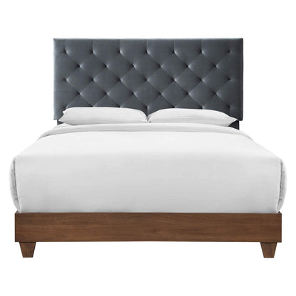 Bed | CasaFoyer Rhiannon Diamond Tufted Performance Velvet Upholstered Queen Bed | Walnut Charcoal | Elegant & Durable | Dual Support Planks | 800 lbs Weight Capacity | casafoyer.myshopify.com