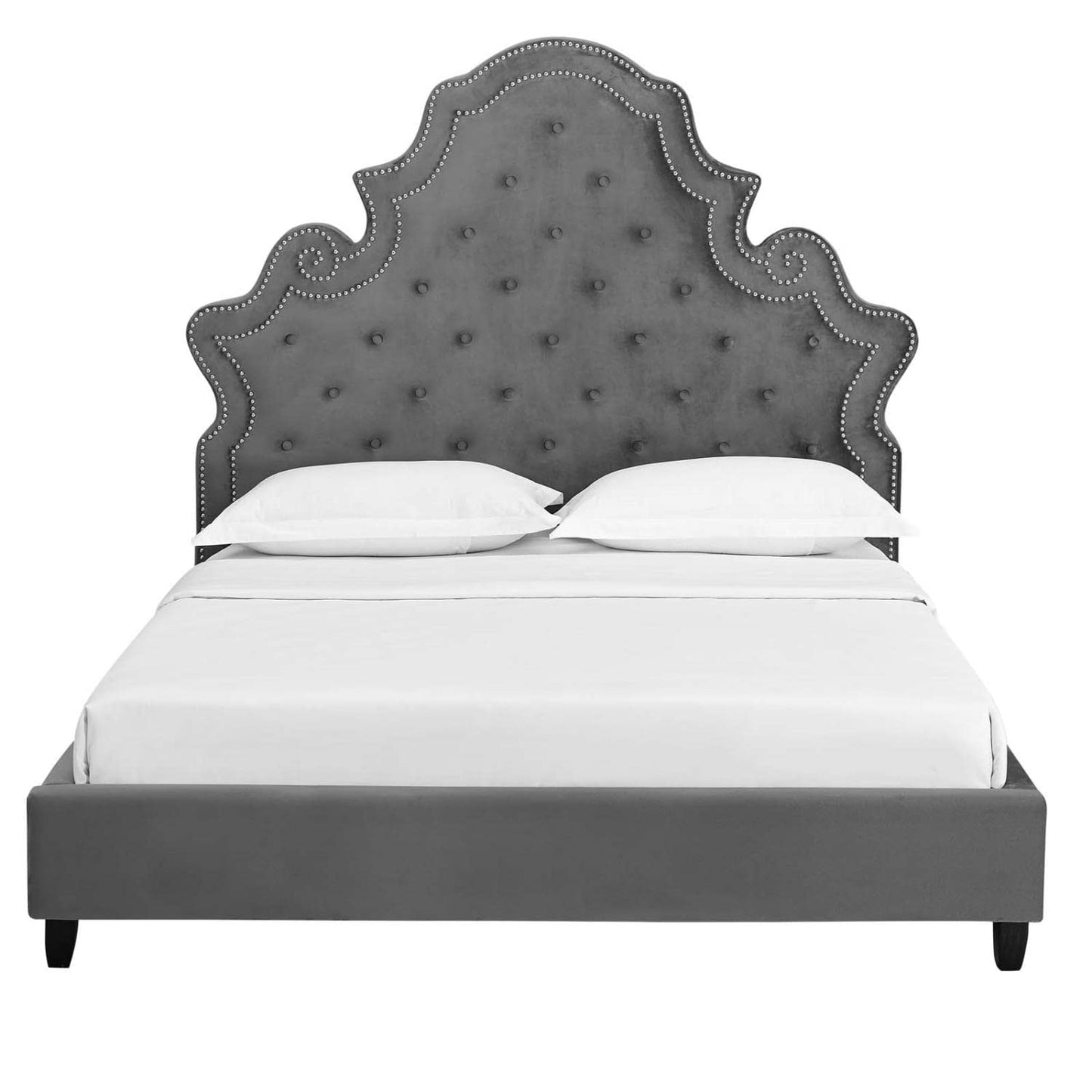 adjustable bed bases | CasaFoyer Valentina Performance Velvet Tufted Nailhead Queen Platform Bed | Elegant Gray Upholstery | Stain-Resistant Fabric | Foam Padding | Sturdy Support System | No Box Spring Required | 1322 lbs Weight Capacity | casafoyer.myshopify.com