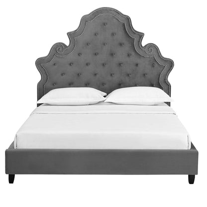 adjustable bed bases | CasaFoyer Valentina Performance Velvet Tufted Nailhead Queen Platform Bed | Elegant Gray Upholstery | Stain-Resistant Fabric | Foam Padding | Sturdy Support System | No Box Spring Required | 1322 lbs Weight Capacity | casafoyer.myshopify.com