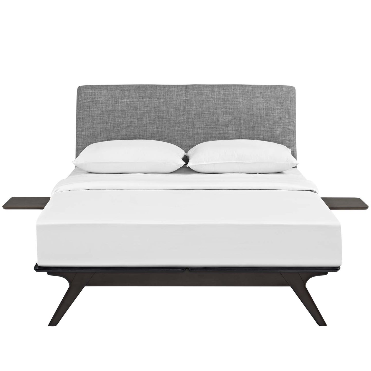 Bed | CasaFoyer Tracy Queen Bedroom Set | Modern Open Design | Toffee Brown Stain | Upholstered Headboard | Platform Legs | Includes Bed Frame & Side Tables | Mattress Not Included | casafoyer.myshopify.com