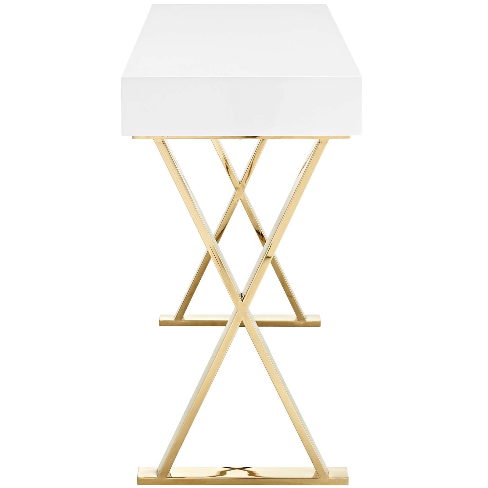 sofa tables | Ergode Sector Gold Stainless Steel X Frame Console Accent Table | Sleek & Versatile Design | Spacious Drawer | Polished Gold Stainless Steel Base | Non-Marking Foot Pads | Ideal for Contemporary Homes & Offices | casafoyer.myshopify.com