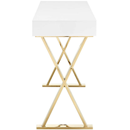 sofa tables | Ergode Sector Gold Stainless Steel X Frame Console Accent Table | Sleek & Versatile Design | Spacious Drawer | Polished Gold Stainless Steel Base | Non-Marking Foot Pads | Ideal for Contemporary Homes & Offices | casafoyer.myshopify.com