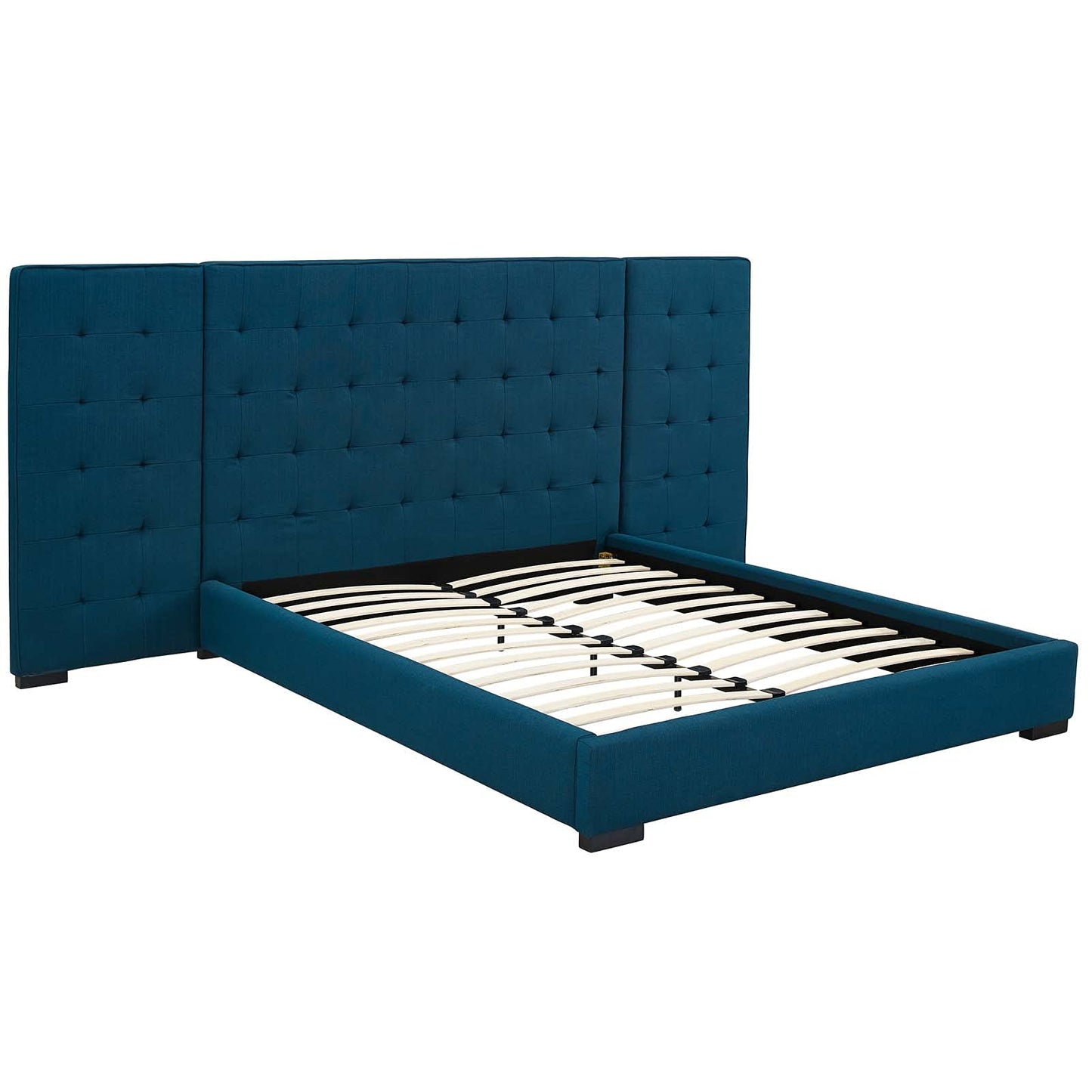 Bed | CasaFoyer Primrose Queen Platform Bed | Timeless Charm | Soft Polyester Upholstery | Foam Padded | Wall Panels | Black-Stained Wood Legs | Biscuit Tufting | Sturdy Slat Support System | 1322 lbs Weight Capacity | casafoyer.myshopify.com