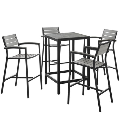 Dining Table | Maine Outdoor Patio Bar Furniture Collection | Modern Design | Synthetic Wood Grain Plank Boards | Aluminum Frame | Ideal for Contemporary Outdoor Dining | Includes 4 Bar Stools & 1 Bar Table | casafoyer.myshopify.com