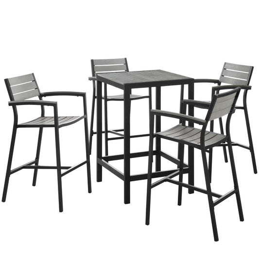 Dining Table | Maine Outdoor Patio Bar Furniture Collection | Modern Design | Synthetic Wood Grain Plank Boards | Aluminum Frame | Ideal for Contemporary Outdoor Dining | Includes 4 Bar Stools & 1 Bar Table | casafoyer.myshopify.com