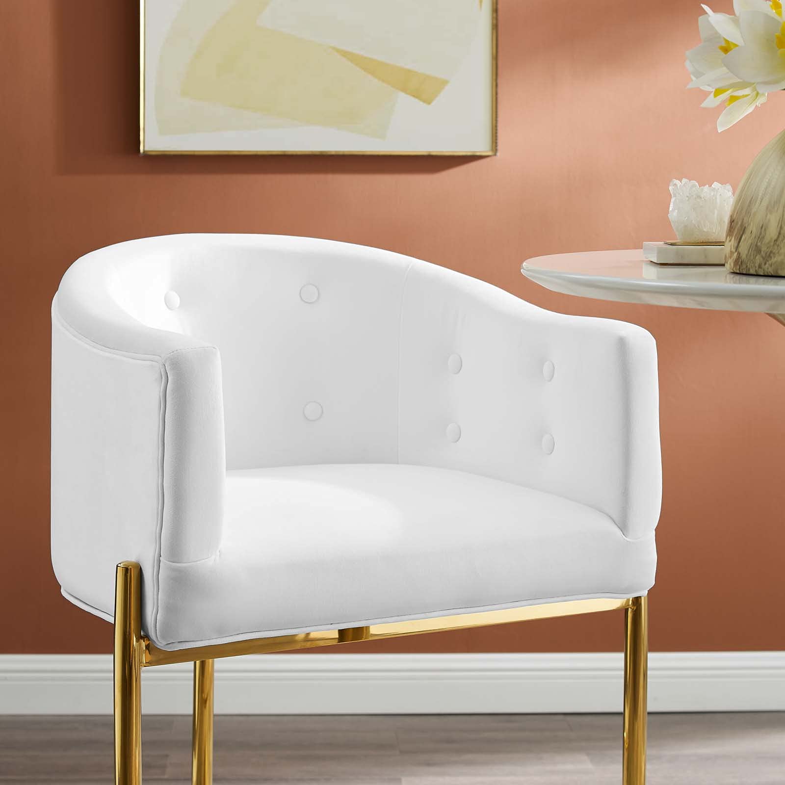 barstools | CasaFoyer Savour Tufted Performance Velvet Bar Stool | Elegant, Stain-Resistant | Comfortable Seating | Chrome Gold Frame | 300 lbs Capacity | White | casafoyer.myshopify.com