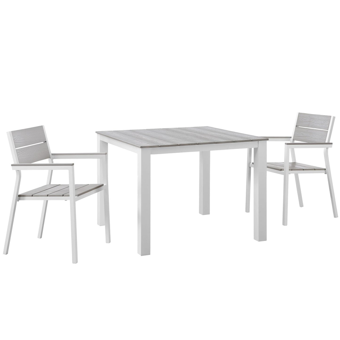 Dining Table | Maine Outdoor Patio Dining Furniture Collection | Synthetic Wood Grain Plank Boards | Aluminum Frame | Perfect for Contemporary Outdoor Dining | Includes Dining Table & 2 Armchairs | casafoyer.myshopify.com
