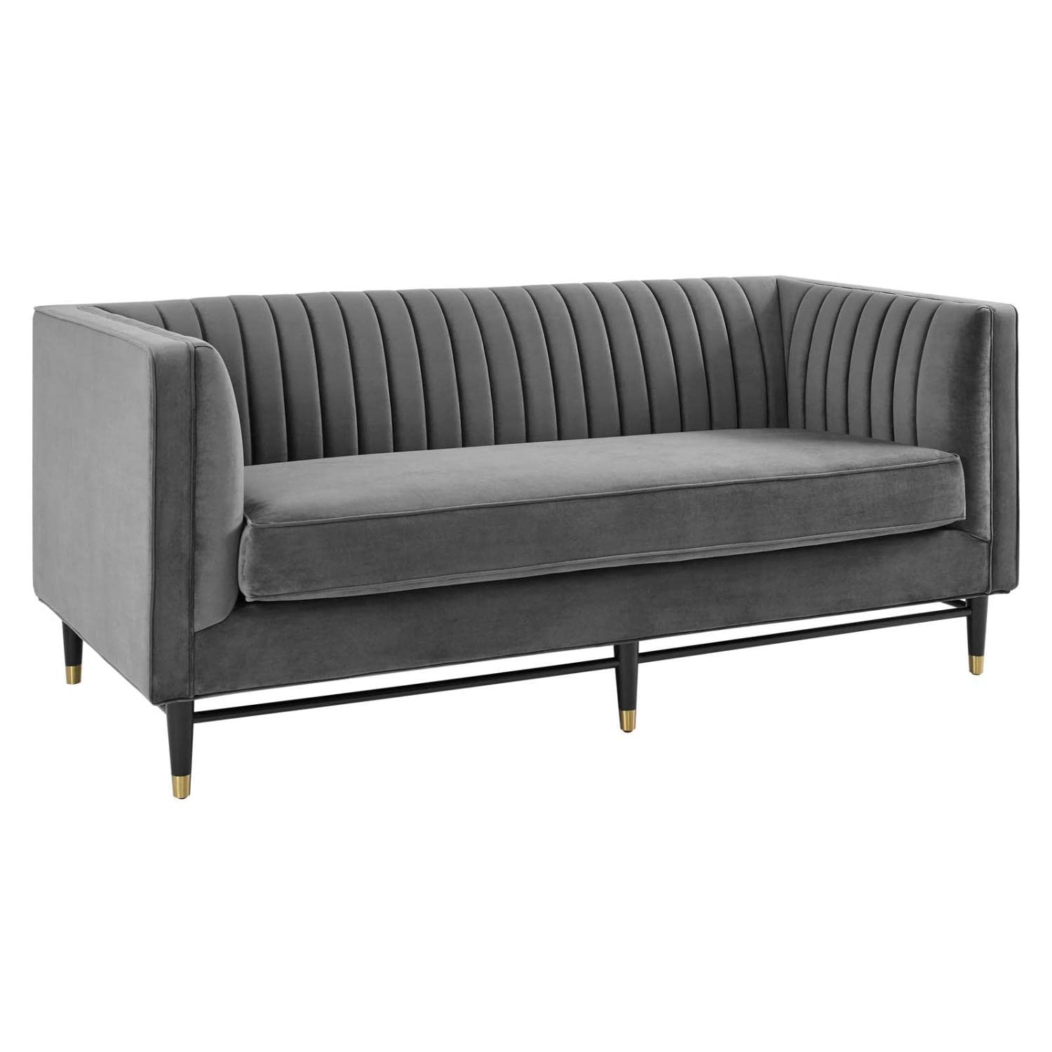 sofas | CasaFoyer Devote Channel Tufted Performance Velvet Loveseat | Retro Design | Stain-Resistant | Dense Foam Padding | Black Rubberwood Legs | Gold Stainless Steel Sleeves | Non-Marking Foot Caps | Gray | casafoyer.myshopify.com