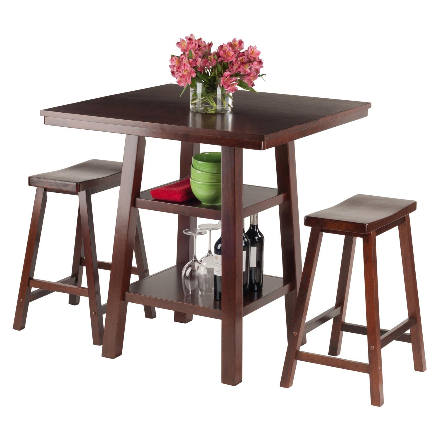 childrens table and chair sets | CasaFoyer Orlando High Table & Saddle Seat Stool Set | Rustic Design | Solid Wood | Walnut Finish | 2 Shelves | Space-Saving | Ideal for Dining & Kitchen | casafoyer.myshopify.com