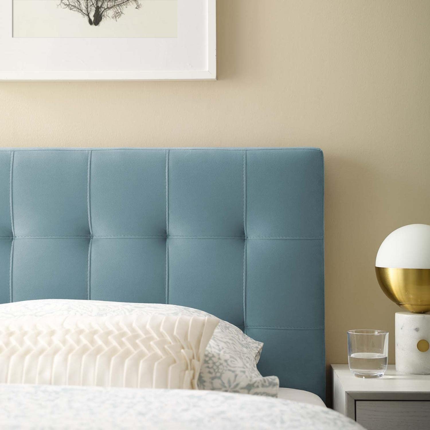 Bed | CasaFoyer Lily Biscuit Tufted Performance Velvet Twin Headboard | Elegant Plush Vintage Look | Stain-Resistant | Adjustable Mounting | Light Blue | casafoyer.myshopify.com