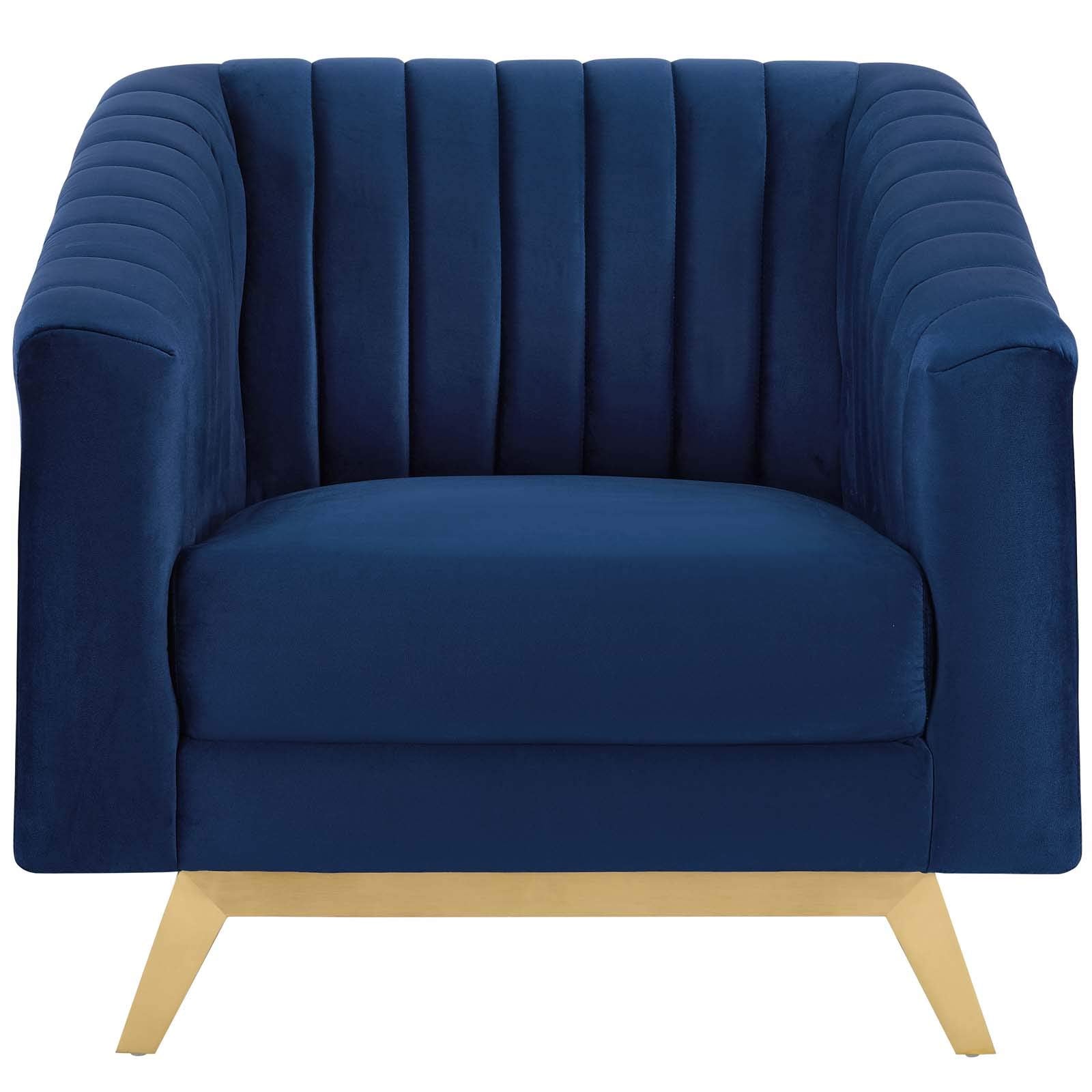 home office desk chairs | CasaFoyer Valiant Performance Velvet Armchair | Retro Modern Design | Vertical Channel Tufting | Stain-Resistant Upholstery | Gold Stainless Steel Legs | casafoyer.myshopify.com