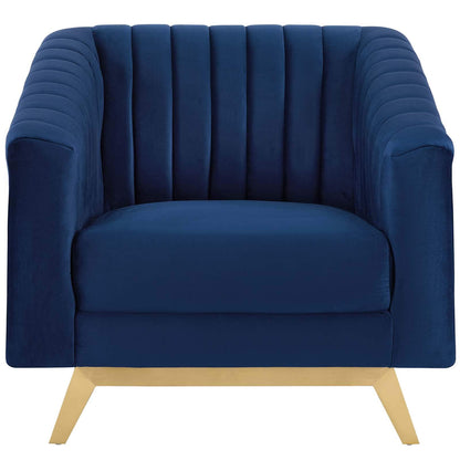 home office desk chairs | CasaFoyer Valiant Performance Velvet Armchair | Retro Modern Design | Vertical Channel Tufting | Stain-Resistant Upholstery | Gold Stainless Steel Legs | casafoyer.myshopify.com