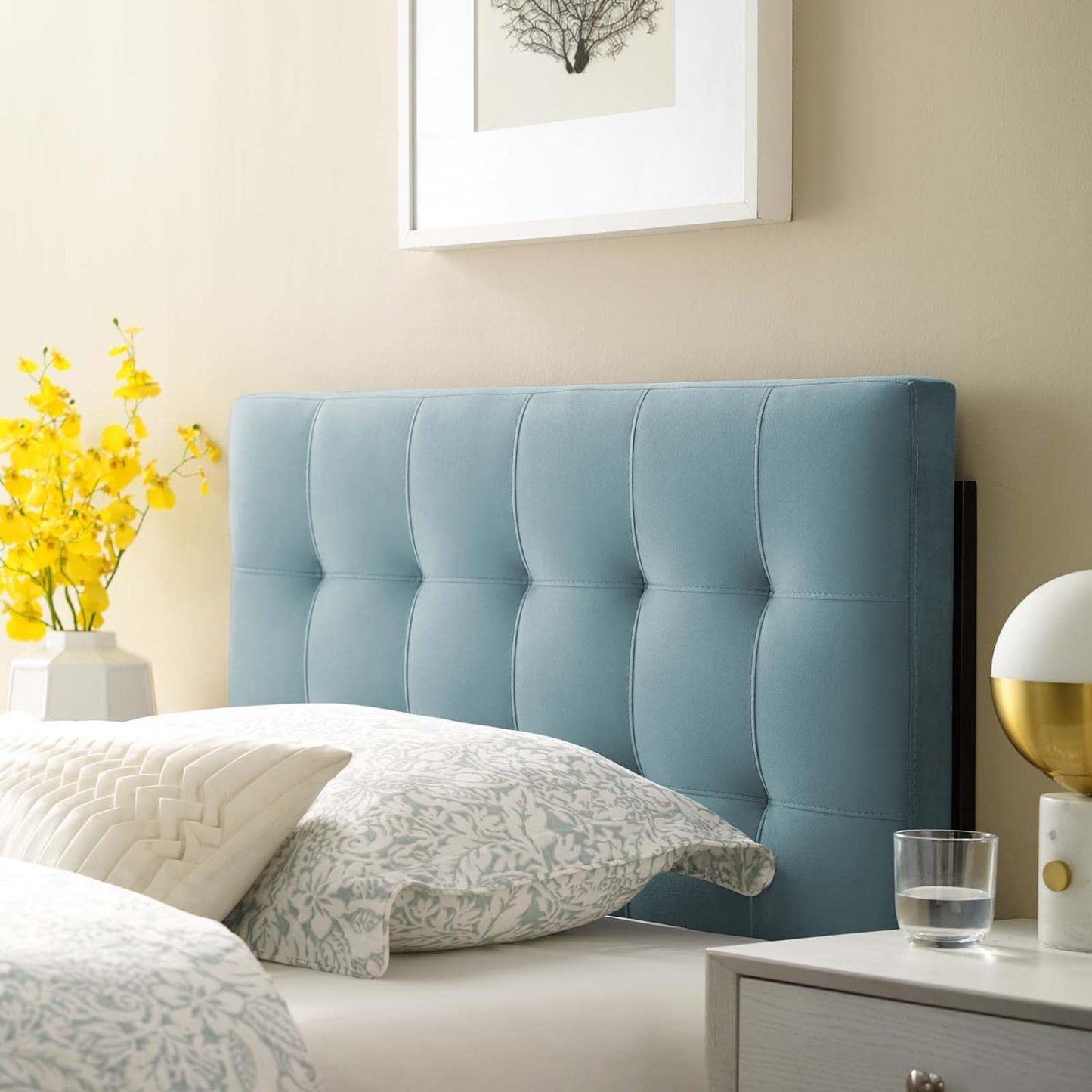 Bed | CasaFoyer Lily Biscuit Tufted Performance Velvet Twin Headboard | Elegant Plush Vintage Look | Stain-Resistant | Adjustable Mounting | Light Blue | casafoyer.myshopify.com