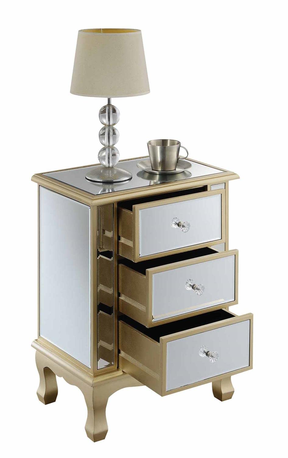 TABLE | Ergode Gold Coast Vineyard Mirrored 3 Drawer End Table | Elegant Charm, Faux Crystal Knobs, Ample Storage, Timeless & Contemporary Design | casafoyer.myshopify.com