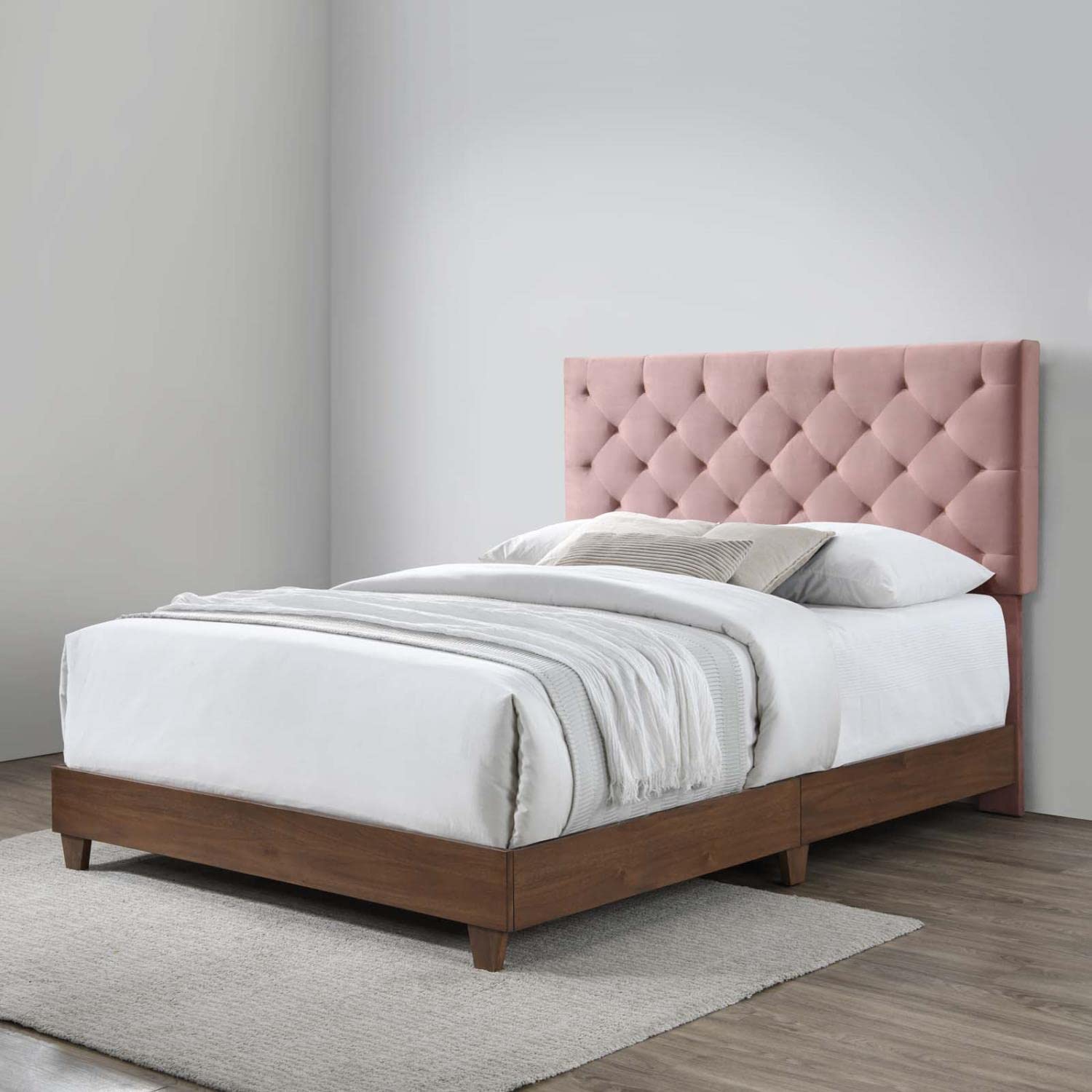 Bed | CasaFoyer Rhiannon Diamond Tufted Performance Velvet Upholstered Queen Bed | Walnut | Stain-Resistant | Dual Support Planks | Elegant Design | casafoyer.myshopify.com