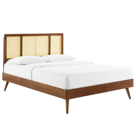 Bed | CasaFoyer Kelsea Woven Cane Rattan Wood Queen Platform Bed | Retro Charm & Natural Aesthetics | Sturdy Frame & Splayed Legs | Walnut Finish | casafoyer.myshopify.com