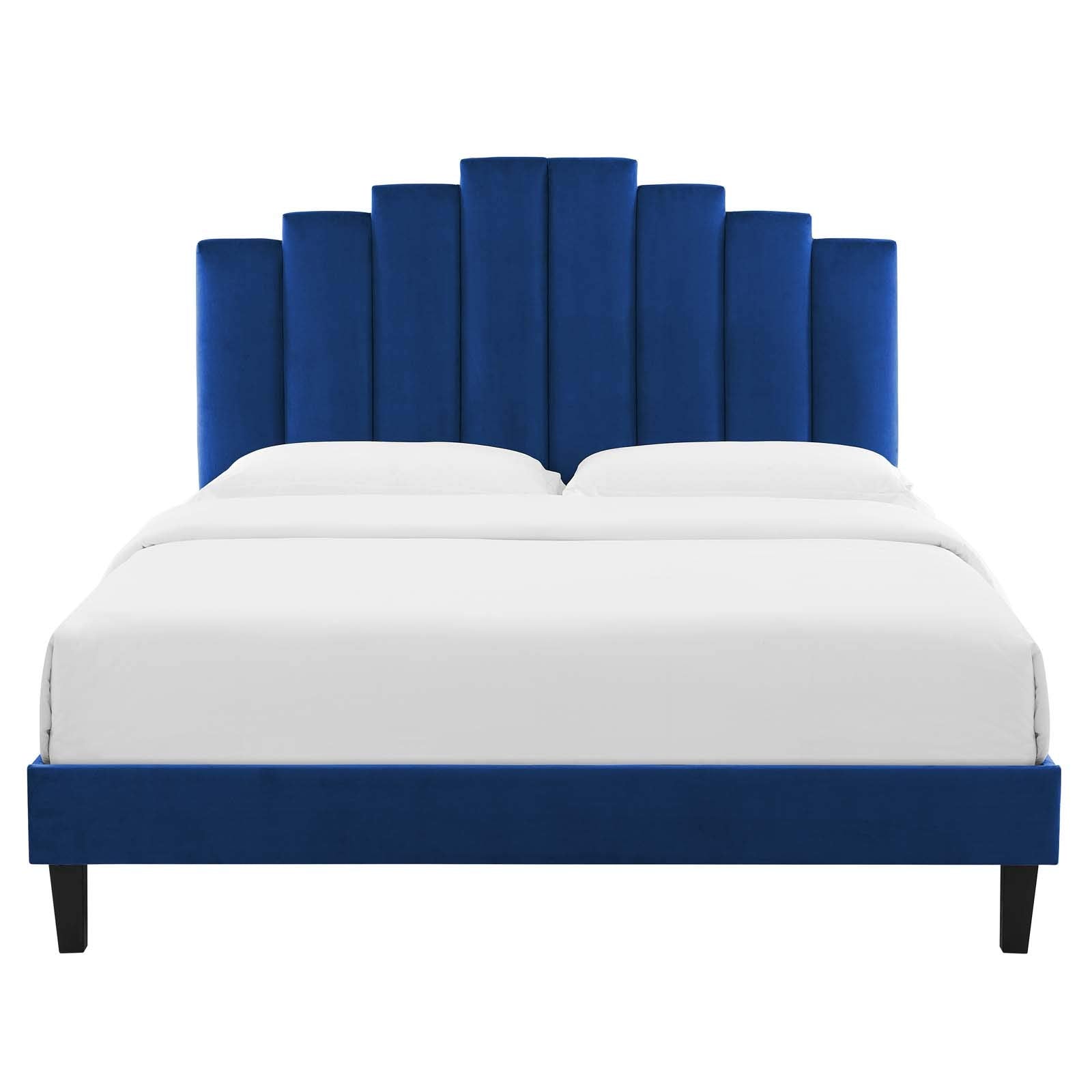 adjustable bed bases | CasaFoyer Elise Performance Velvet Queen Platform Bed | Glamorous Deco Style | Stain-Resistant Velvet Upholstery | Tapered Black Wood Legs | Memory Foam Compatible | Sturdy Construction | Easy Assembly | Navy | casafoyer.myshopify.com