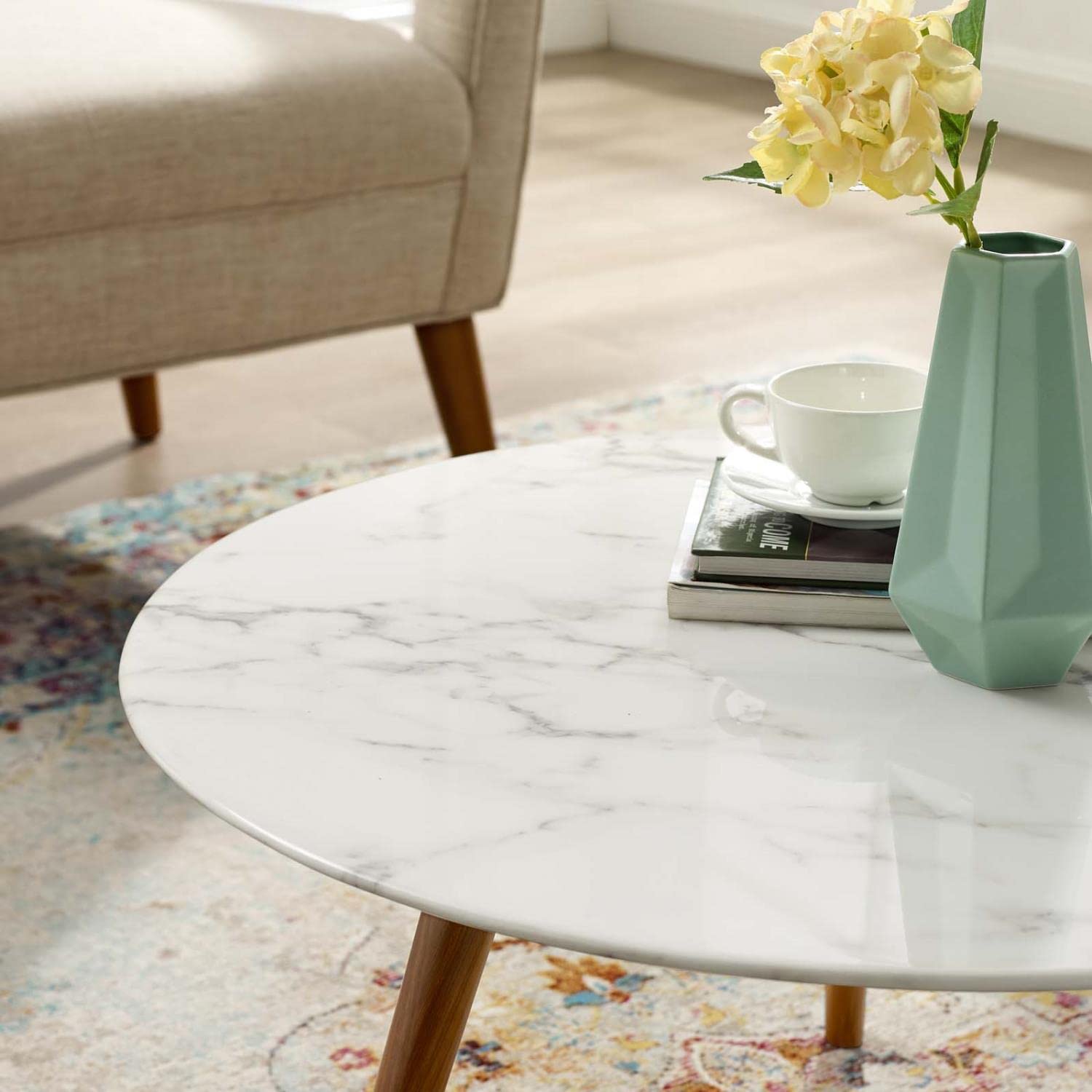 coffee tables | Ergode Lippa 28 Round Coffee Table | Walnut Veneer MDF Top | Scratch-Resistant Finish | Tripod Base | Modern Design for Living Room, Lounge, Home Office | casafoyer.myshopify.com