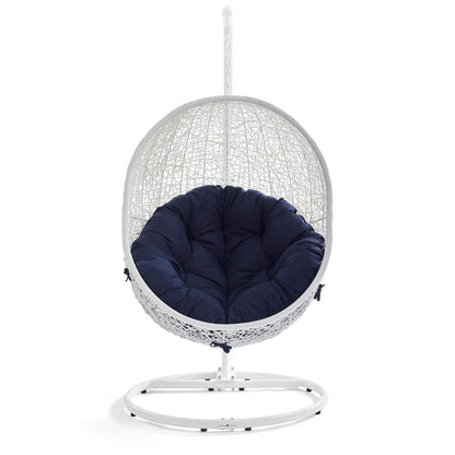 porch swings | Ergode Hide Swing Chair with Stand | Synthetic Rattan | Sunbrella Cushion | Powder-Coated Steel Frame | Patio, Backyard, Porch, Poolside Decor | Indoor Lounge, Living, Bedroom | Weather & UV Resistant | White Navy | casafoyer.myshopify.com