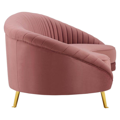 sofas | CasaFoyer Camber Channel Tufted Performance Velvet Sofa | Retro Modern Style | Luxurious & Glamorous | Curved Back Design | Mid-Century Elegance | Dense Foam Padding | Sturdy Frame | Splayed Gold Metal Legs | Dusty Rose | casafoyer.myshopify.com