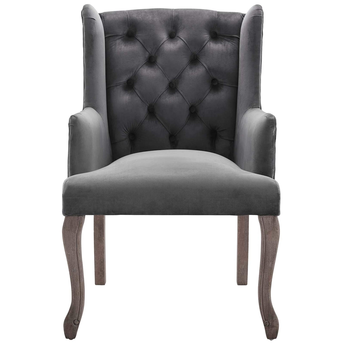 home office desk chairs | CasaFoyer Realm French Vintage Performance Velvet Dining Armchair | Elegant Design | Comfortable & Stain-Resistant Upholstery | Weathered Wood Legs | Wingback Silhouette | Gray | casafoyer.myshopify.com