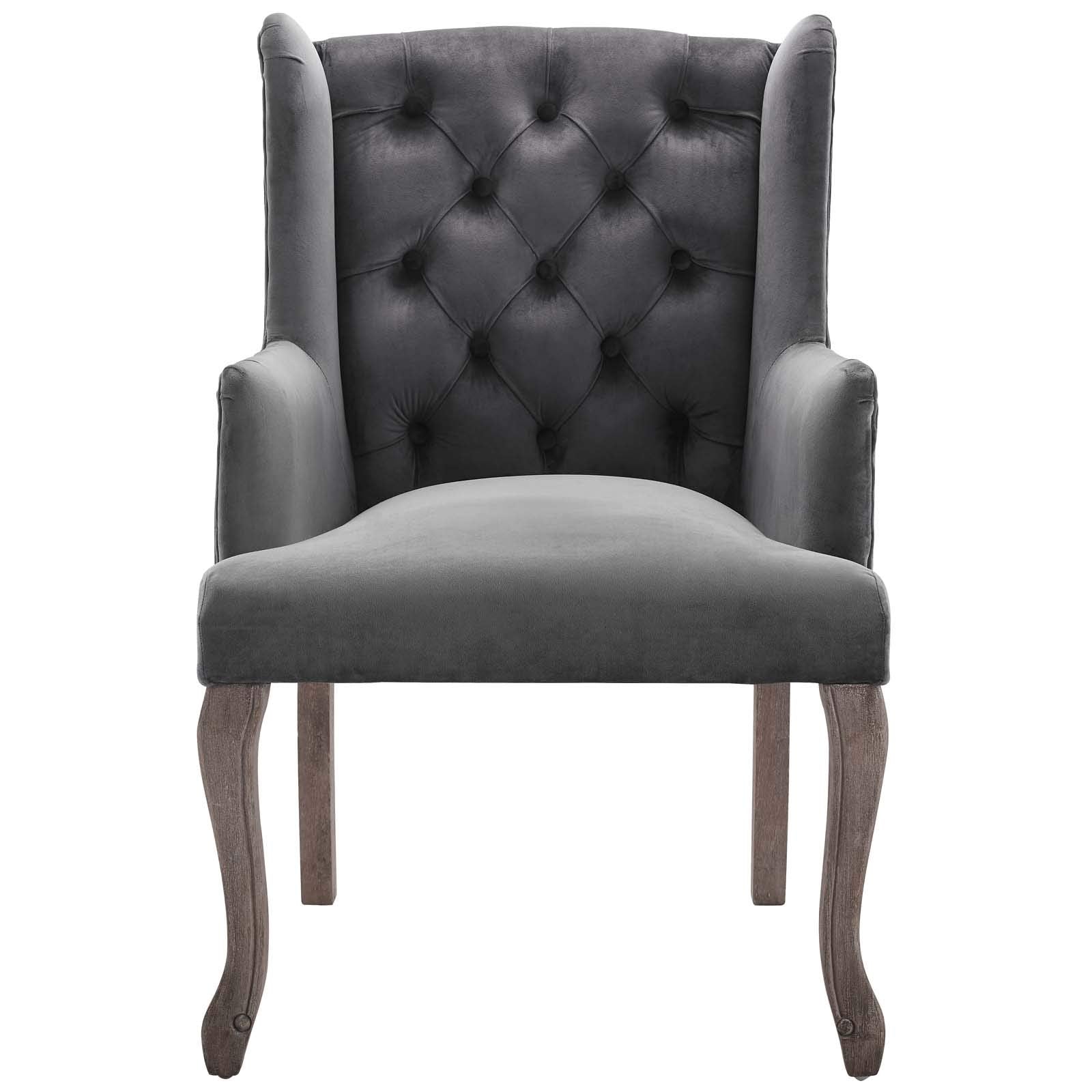home office desk chairs | CasaFoyer Realm French Vintage Performance Velvet Dining Armchair | Elegant Design | Comfortable & Stain-Resistant Upholstery | Weathered Wood Legs | Wingback Silhouette | Gray | casafoyer.myshopify.com