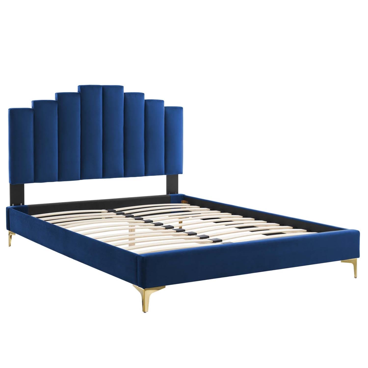 adjustable bed bases | CasaFoyer Elise Performance Velvet Full Platform Bed | Art Deco Style | Gold Metal Legs | Stain-Resistant | Memory Foam Compatible | Easy Assembly | Navy | casafoyer.myshopify.com