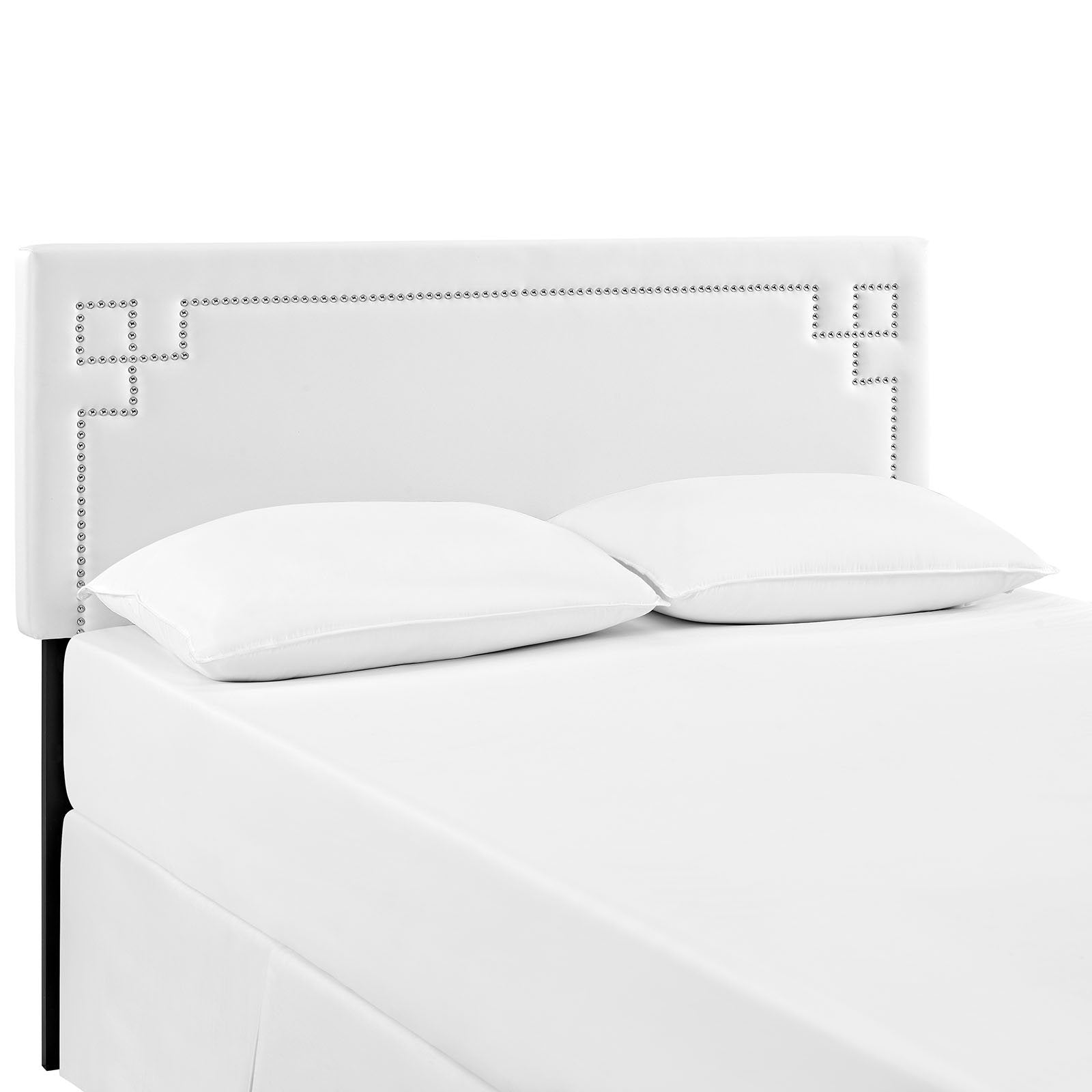 Bed | CasaFoyer Josie Vinyl Headboard | Silver Accent Nail Buttons | Sturdy Wood Frame | Adjustable Legs | Plush Foam Padding | Compatible with Loryn & Tessie Platform Bed Frames | Full Size | White | casafoyer.myshopify.com