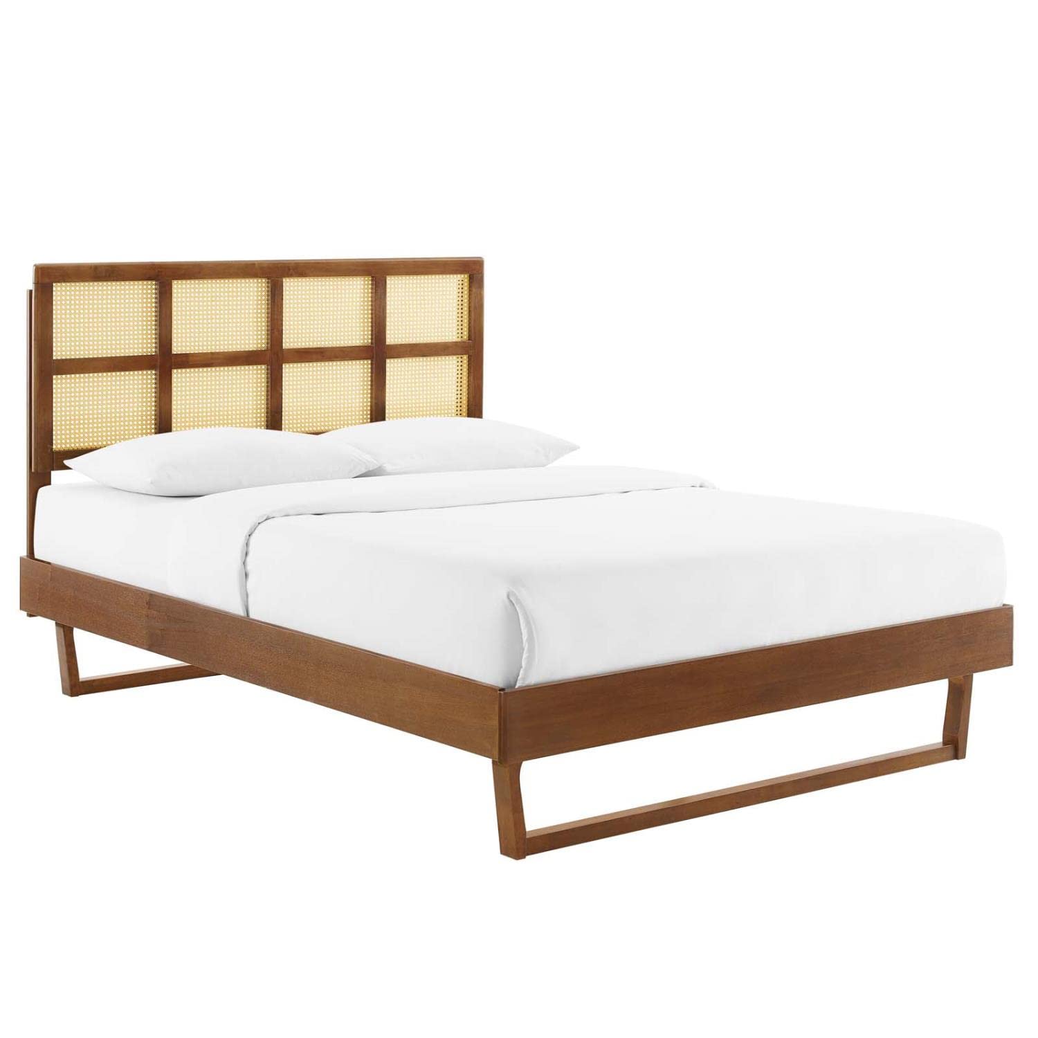 Bed | CasaFoyer Sidney Woven Cane Rattan Wood Full Platform Bed | Modern Tropical Style | Durable Construction | No Box Spring Needed | Walnut | casafoyer.myshopify.com