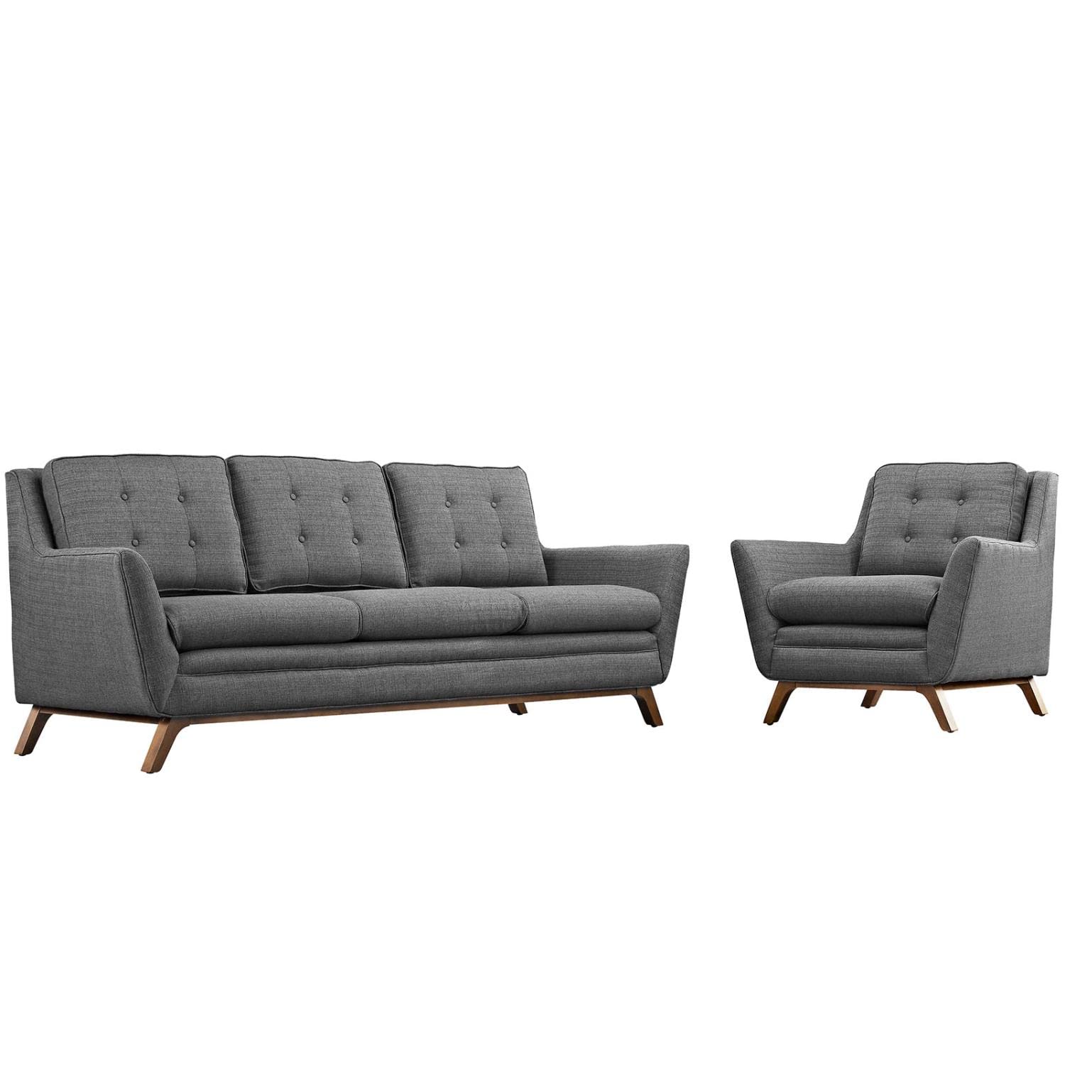 sofas | CasaFoyer Beguile Collection | Mid-Century Charm meets Modern Sophistication | Fabric Armchair & Sofa | Elegant Walnut-Stained Base | Plush & Tufted | Gray | casafoyer.myshopify.com