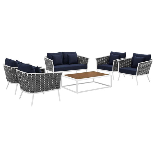 kitchen and dining room sets | CasaFoyer Stance Outdoor Collection | Modern Design | Aluminum Frame | Waterproof Cushions | 6 Piece Patio Set (White/Navy) | casafoyer.myshopify.com