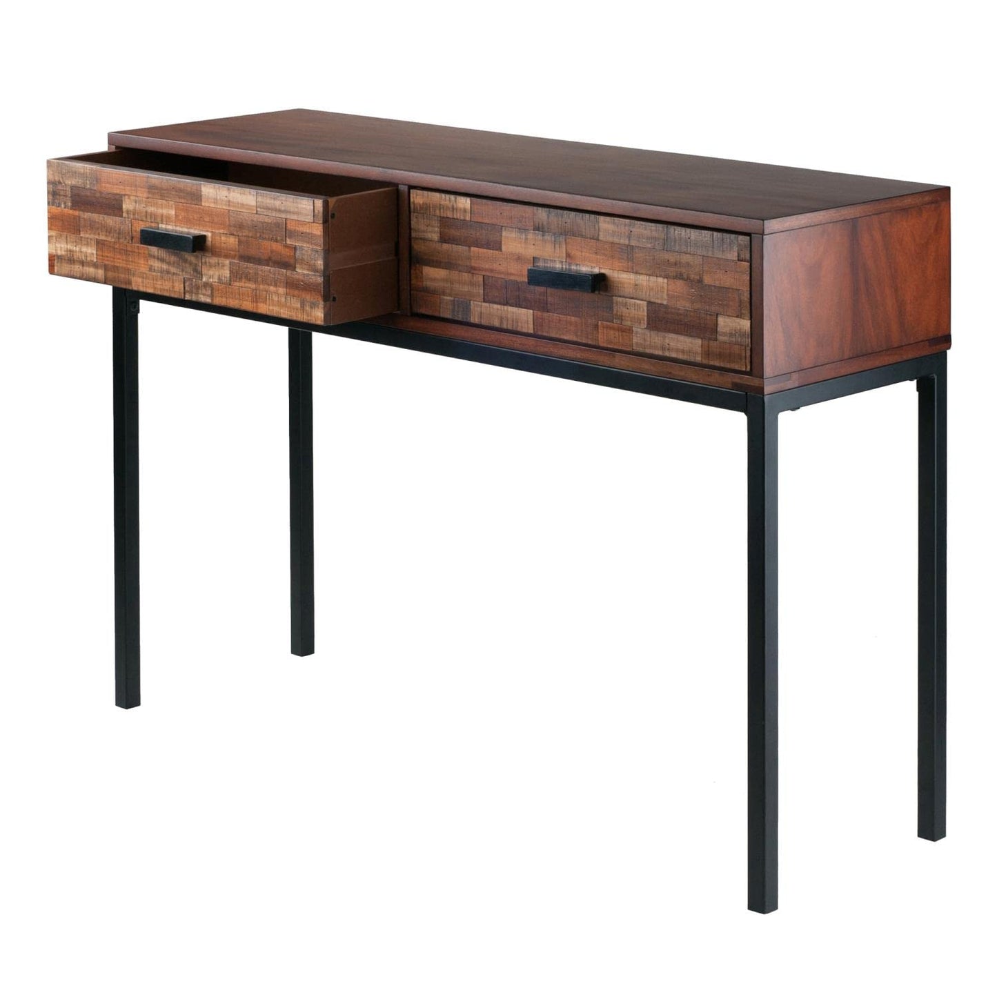 end tables | Ergode Jefferson Console Table | Mosaic Wood-Tile Drawer Panels | Steel Tube Legs | 2 Drawers | Nutmeg Wood Finish | Satin Black Coating | casafoyer.myshopify.com