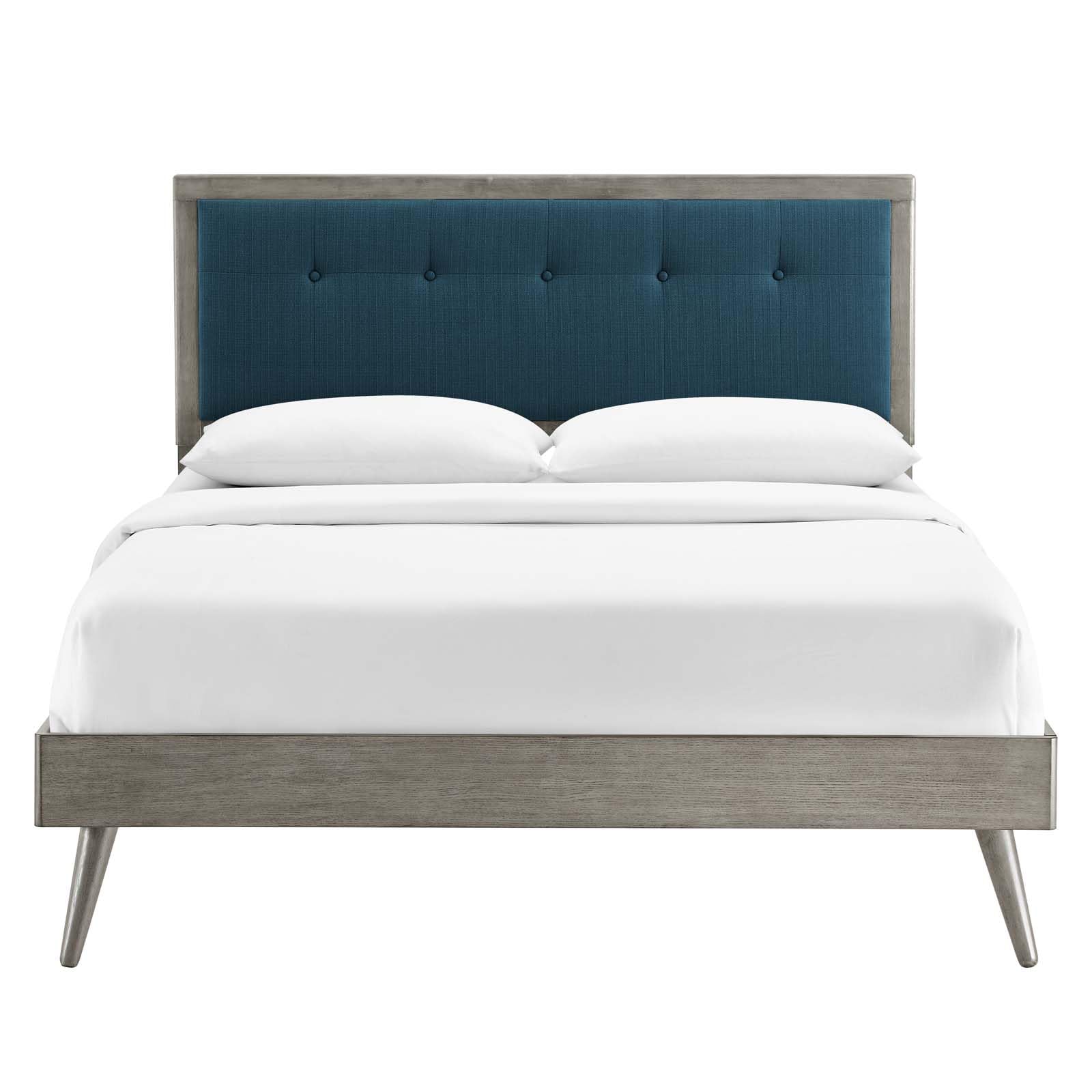adjustable bed bases | CasaFoyer Willow Tufted Wood King Platform Bed | Modern Design | Retro Accents | Natural Aesthetics | Wood Frame | Button Tufted Headboard | Splayed Legs | Gray Azure | casafoyer.myshopify.com