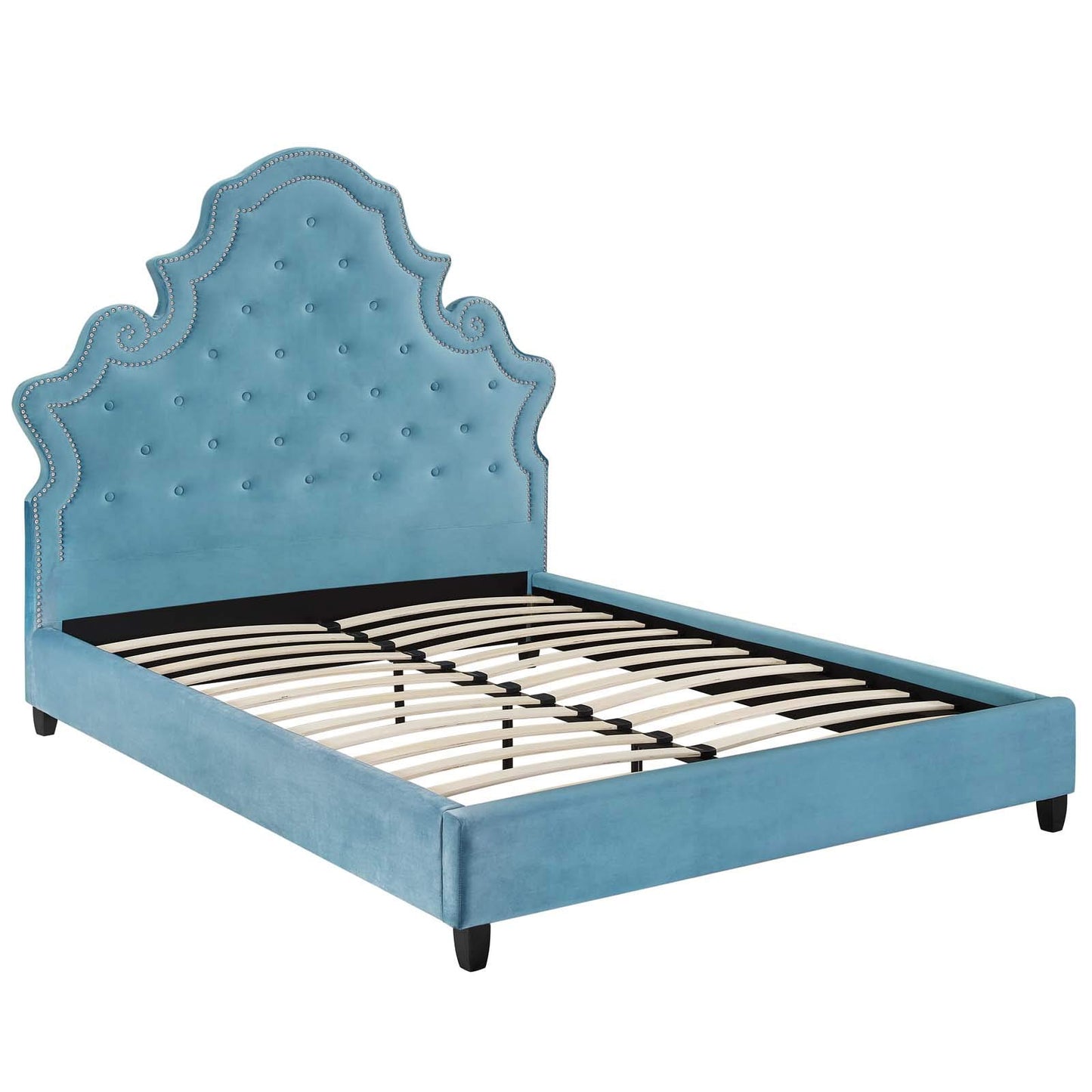adjustable bed bases | CasaFoyer Valentina Performance Velvet Tufted Nailhead Queen Platform Bed | Sea Blue | Stain-Resistant Polyester | Wood Slat Support | 1322 lbs Capacity | casafoyer.myshopify.com