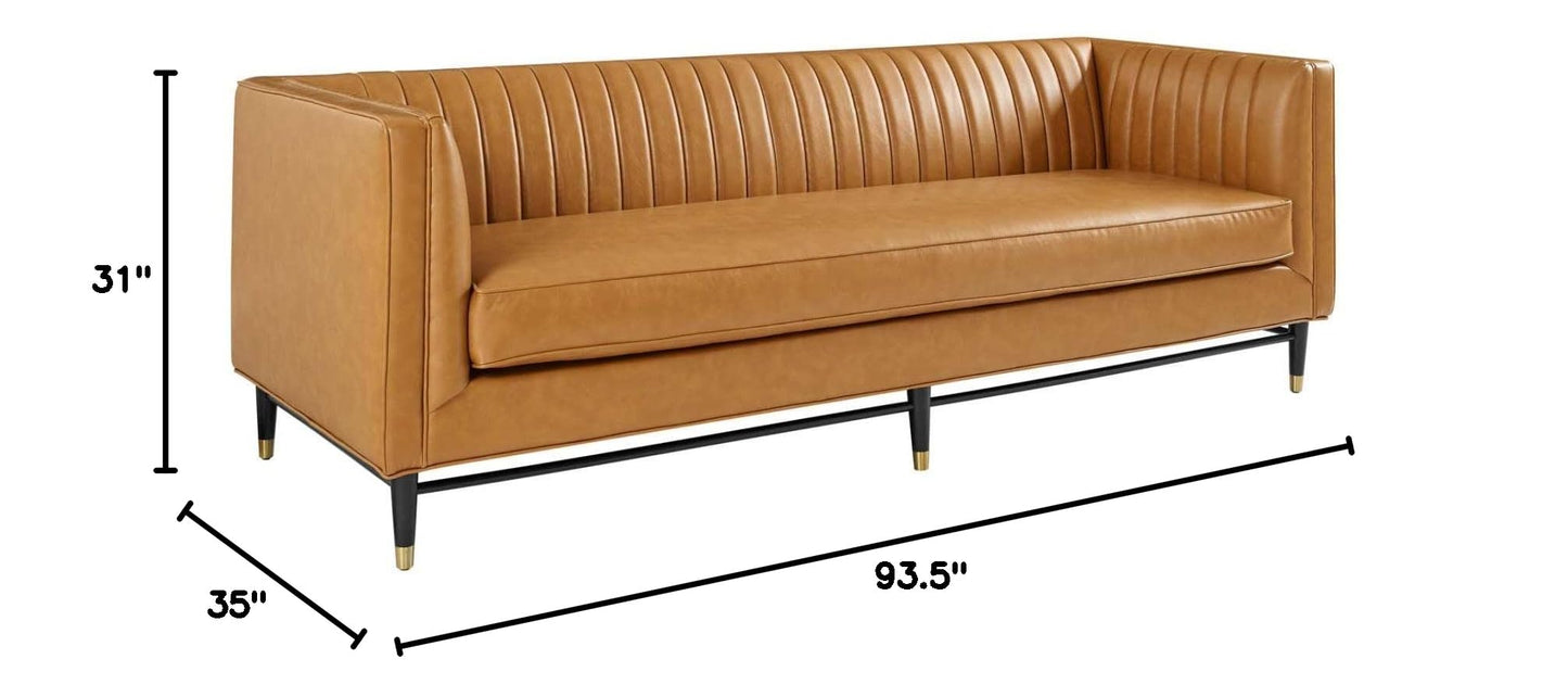 sofas | CasaFoyer Devote Channel Tufted Vegan Leather Sofa | Retro Design | High-Quality Upholstery | Luxurious Seating | Durable Craftsmanship | Black Rubberwood Legs with Gold Sleeves | casafoyer.myshopify.com