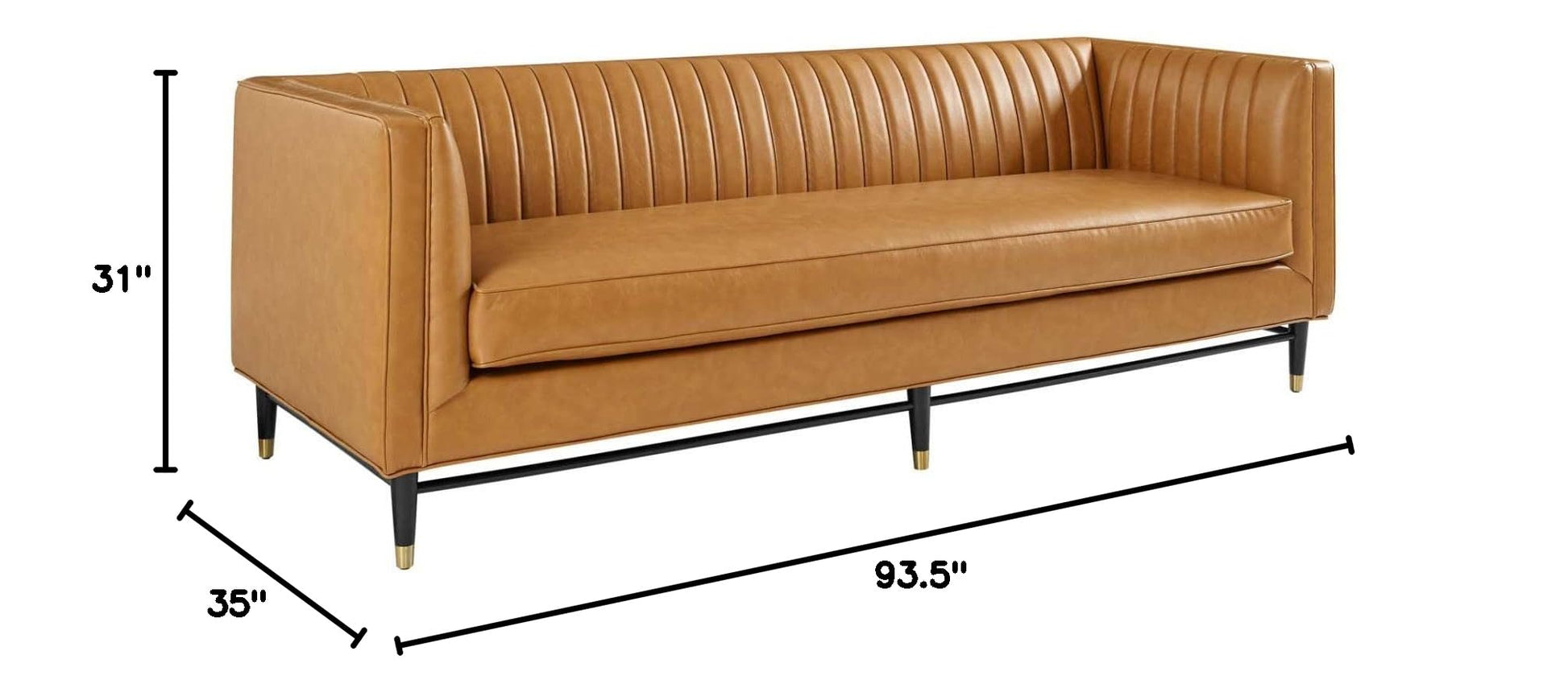 sofas | CasaFoyer Devote Channel Tufted Vegan Leather Sofa | Retro Design | High-Quality Upholstery | Luxurious Seating | Durable Craftsmanship | Black Rubberwood Legs with Gold Sleeves | casafoyer.myshopify.com