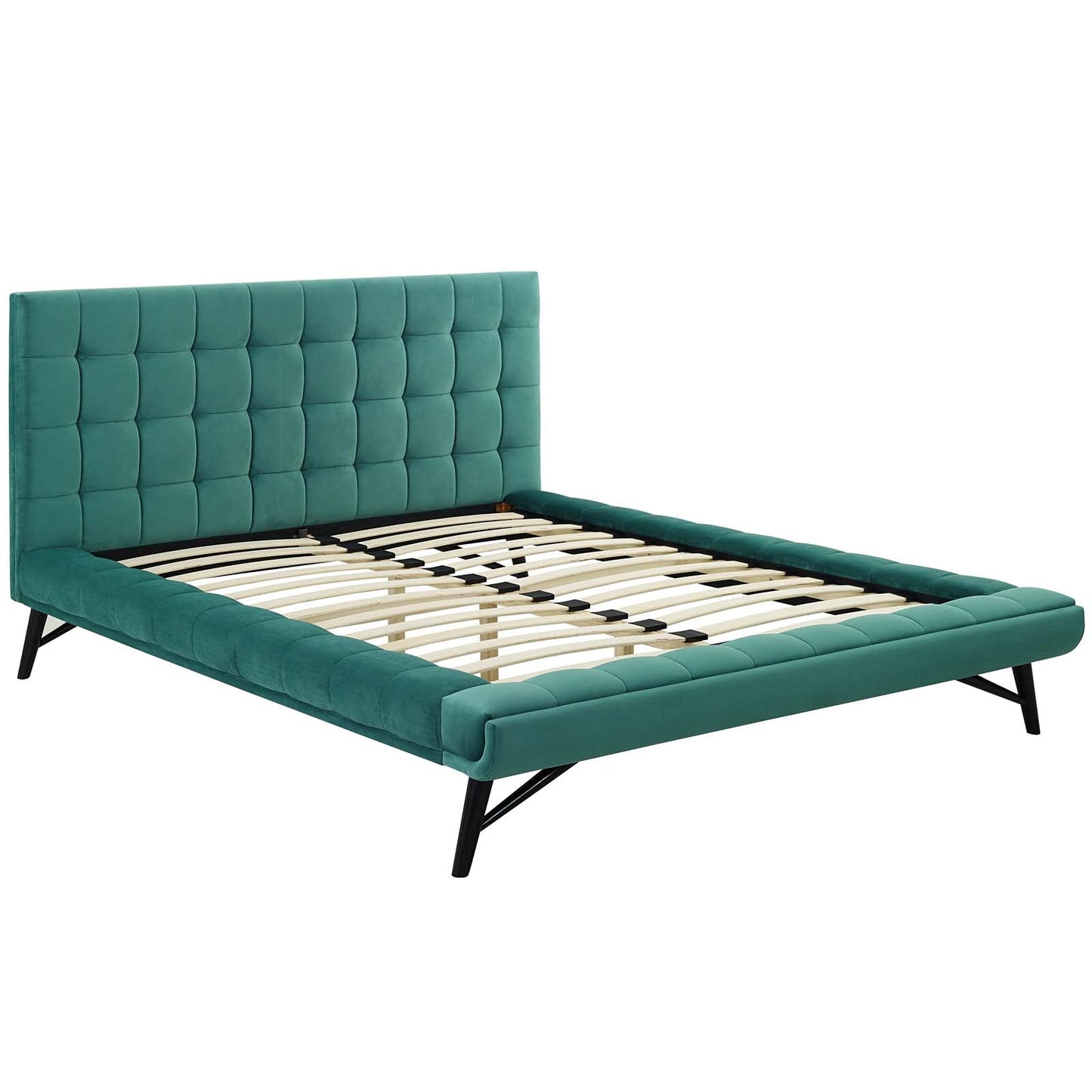 Bed | CasaFoyer Julia Queen Platform Bed | Sturdy Plywood Frame | Biscuit Tufted Headboard | Performance Velvet Upholstery | Wood Slat Support System | Teal | casafoyer.myshopify.com
