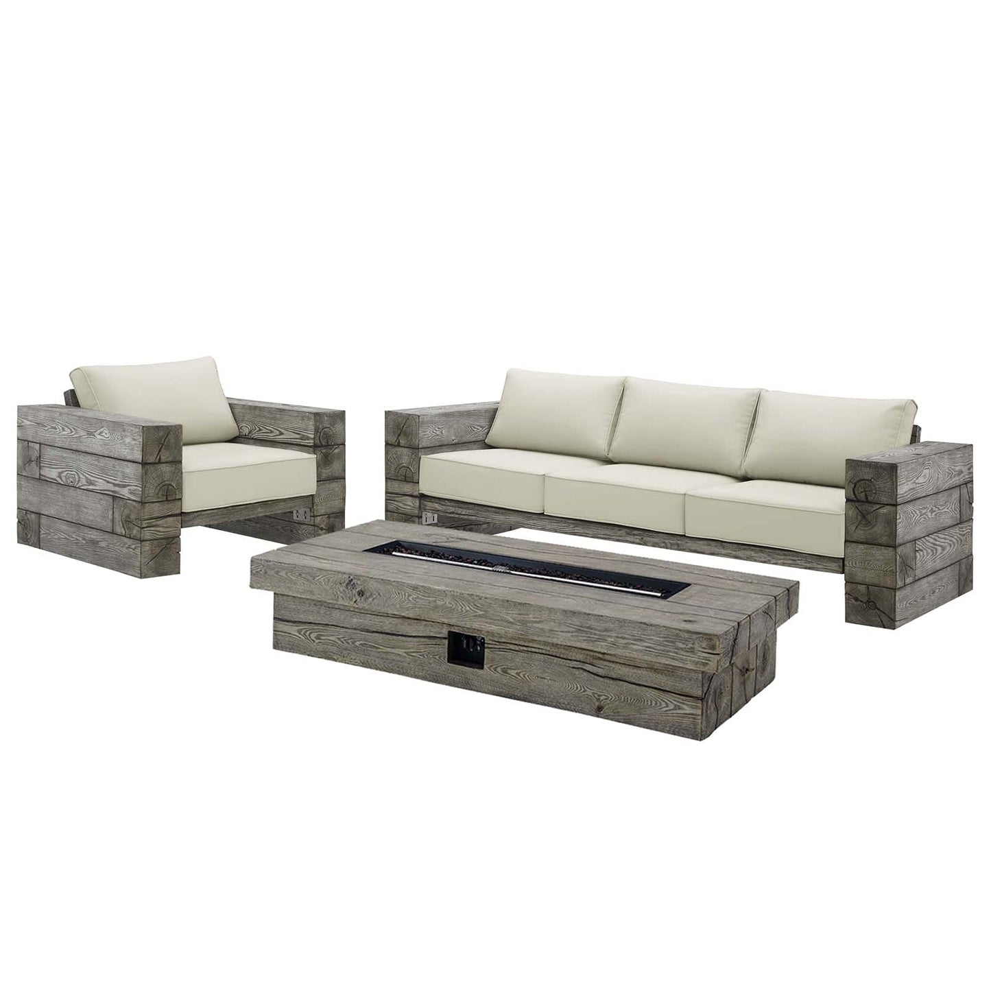 kitchen and dining room sets | CasaFoyer Manteo Outdoor Patio 3 Piece Set | Sofa, Armchair, Fire Pit Table | Driftwood Finish | All-Weather Cushions | 50,000 BTU Burner | PVC Cover | casafoyer.myshopify.com