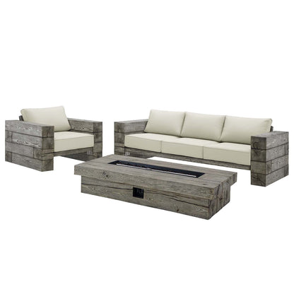 kitchen and dining room sets | CasaFoyer Manteo Outdoor Patio 3 Piece Set | Sofa, Armchair, Fire Pit Table | Driftwood Finish | All-Weather Cushions | 50,000 BTU Burner | PVC Cover | casafoyer.myshopify.com