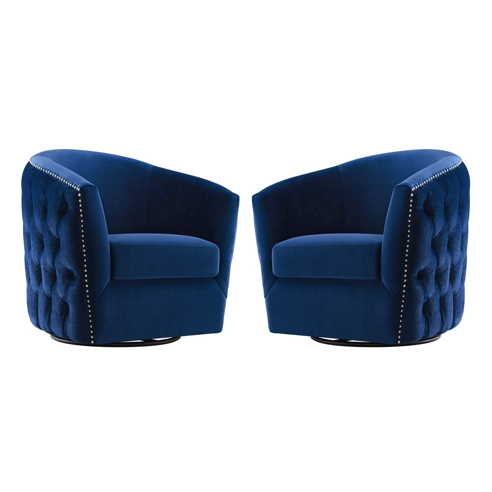 home office desk chairs | CasaFoyer Rogue Performance Velvet Swivel Armchair Set of 2 | Navy: Luxurious, Stylish, and Versatile | Enhance your living space with this stain-resistant armchair set featuring a 360-degree swivel base and cozy barrel back design. | casafoyer.myshopify.com