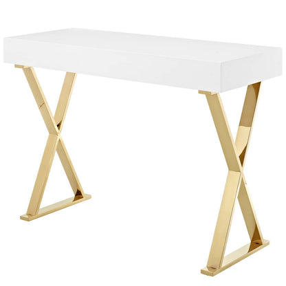 sofa tables | Ergode Sector Gold Stainless Steel X Frame Console Accent Table | Sleek & Versatile Design | Spacious Drawer | Polished Gold Stainless Steel Base | Non-Marking Foot Pads | Ideal for Contemporary Homes & Offices | casafoyer.myshopify.com