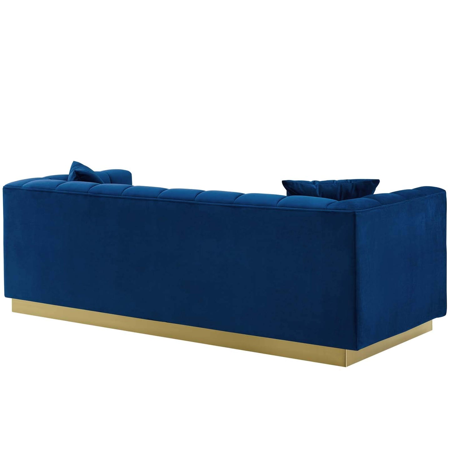 sofas | CasaFoyer Vivacious Sofa | Vintage-Inspired | Tufted Performance Velvet | Gold Stainless Steel Base | Includes Accent Pillows | 900 lb Weight Capacity | Navy | casafoyer.myshopify.com