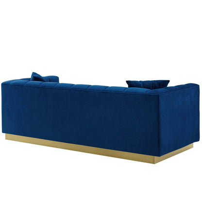 sofas | CasaFoyer Vivacious Sofa | Vintage-Inspired | Tufted Performance Velvet | Gold Stainless Steel Base | Includes Accent Pillows | 900 lb Weight Capacity | Navy | casafoyer.myshopify.com