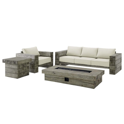 kitchen and dining room sets | CasaFoyer Manteo Outdoor Patio 4 Piece Set | Sofa, Armchair, Side Table, Fire Pit Table | Driftwood Finish | All-Weather Cushions | 50,000 BTU Burner | PVC Cover | Rustic Modern Design | casafoyer.myshopify.com